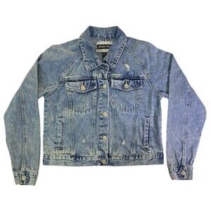 Alivia Ford Denim Jacket Womens Large Distressed Raw Hem Long Sleeve Jean Coat